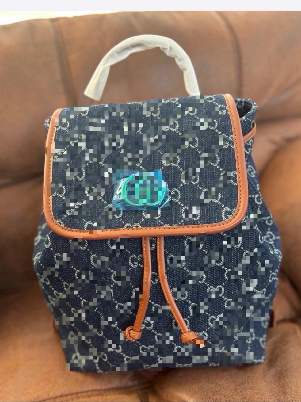 Denim Monogram Drawstring Backpack with Tan Trim